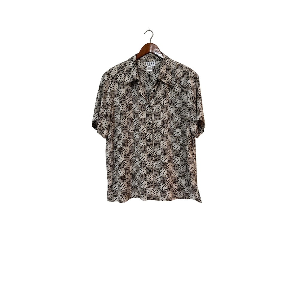 Vtg Erena Womens Button-Up Animal Print Short Sleeve Blouse 20W Beige & Black